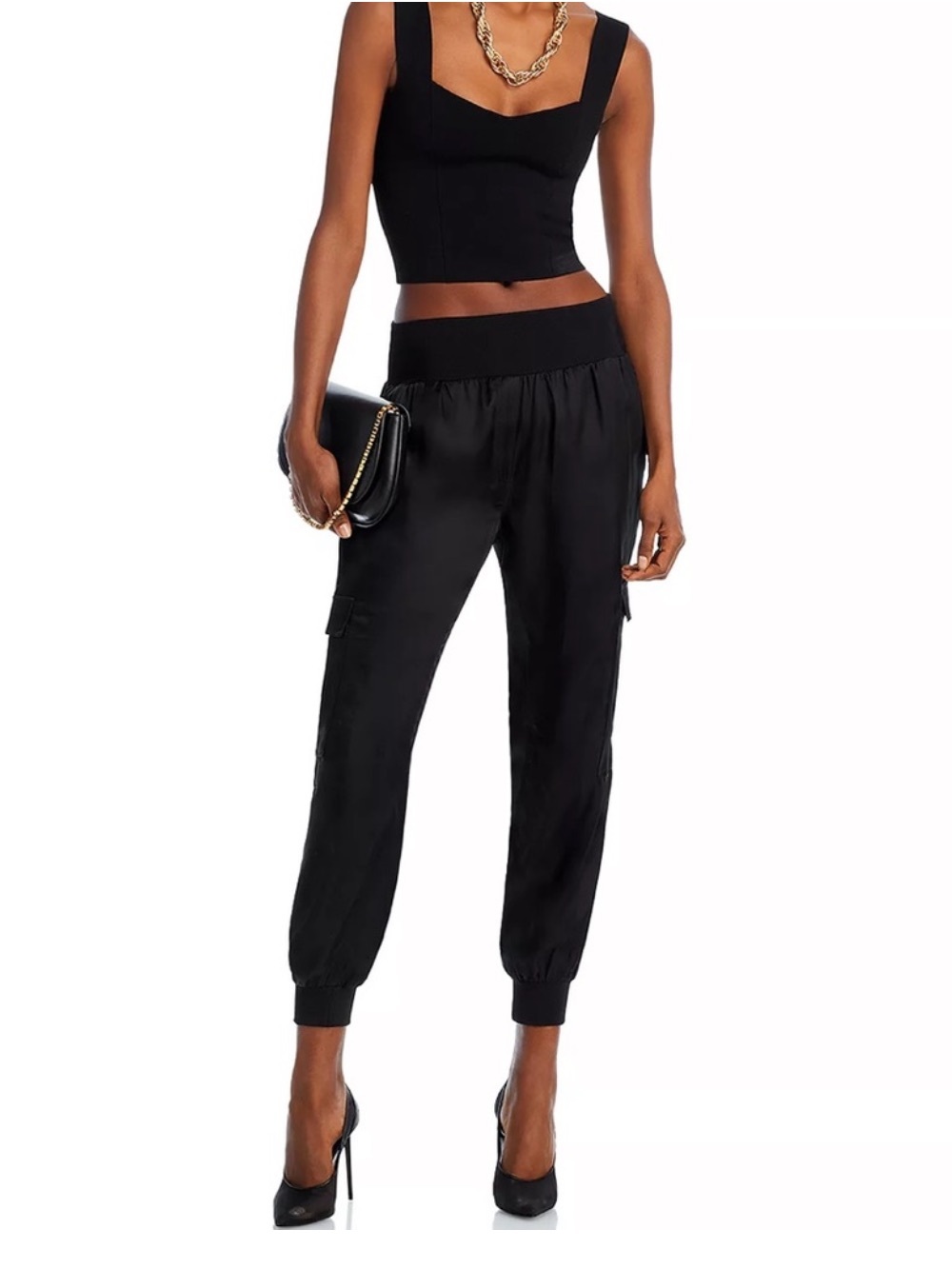 Cinq à Sept Giles Cargo Joggers Pants High Waisted Satin Cargo XXS Black